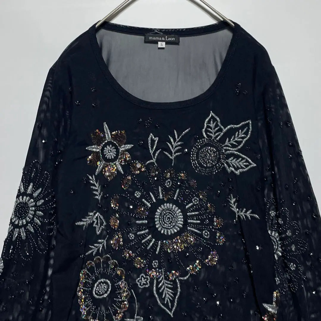 mama & Leon [L] Long sleeve cut and sew bijou design, see-through black, individuality