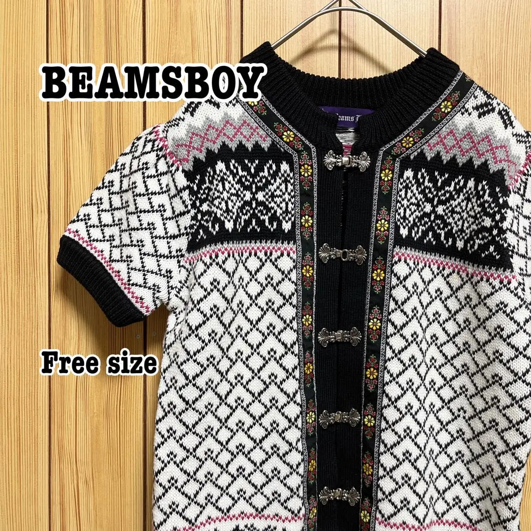 Beams Boy Short-sleeved knit vest All-over pattern White base 100% cotton