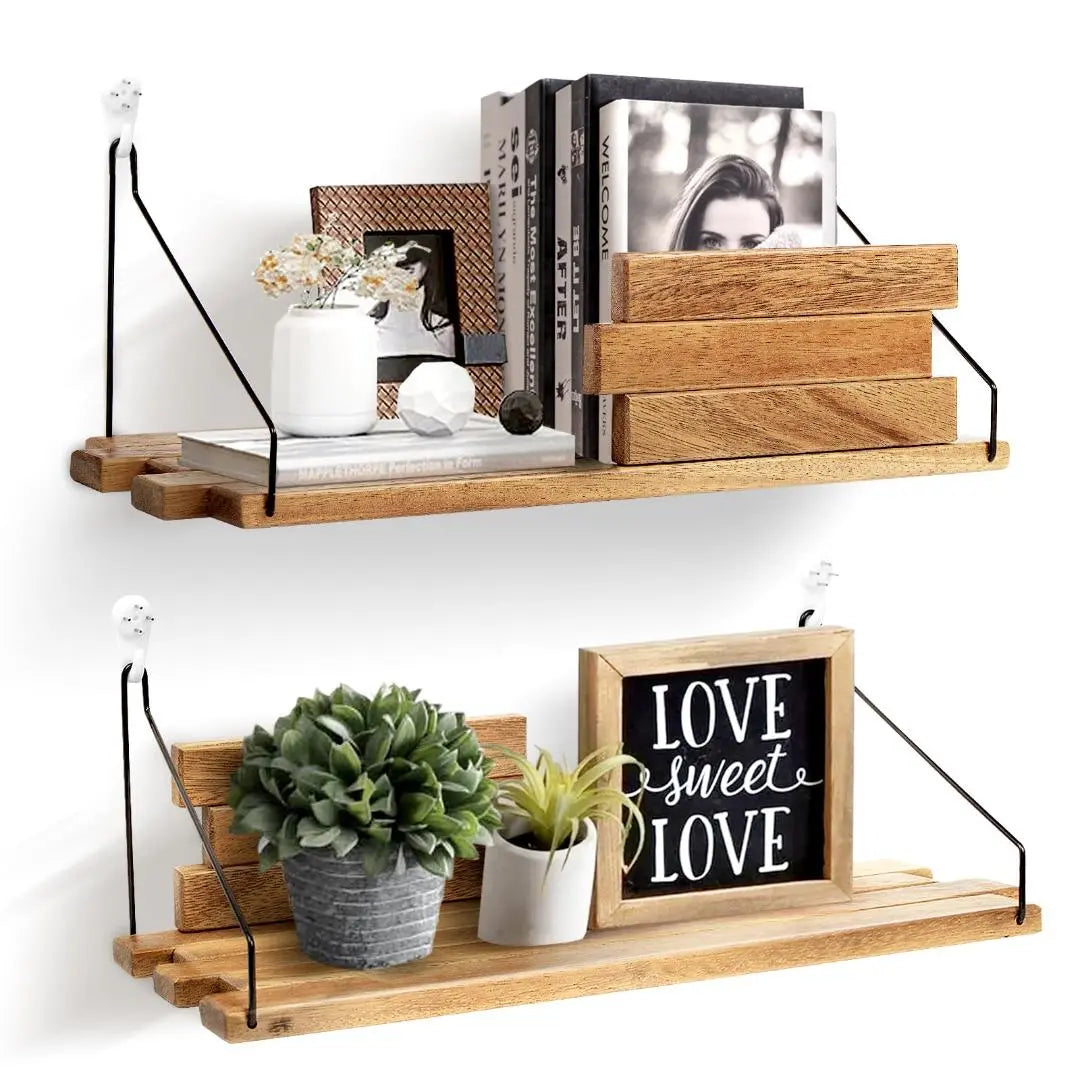 ☆Wall shelf, natural wood, 2-piece set, display shelf, easy to install