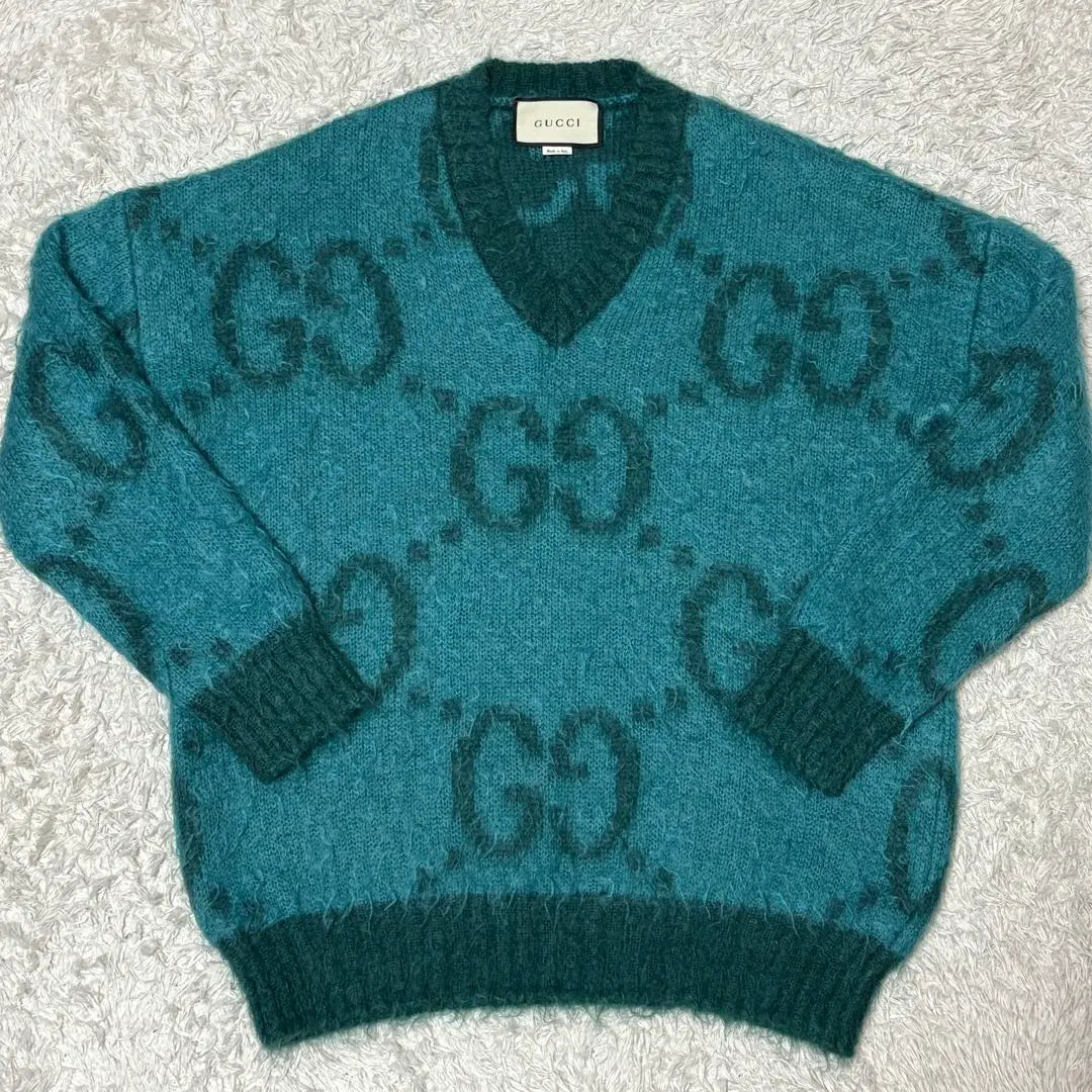 ★Extremadamente raro★ Jersey de punto de mohair GUCCI con cuello en V, fabricado en Italia, estampado GG, verde