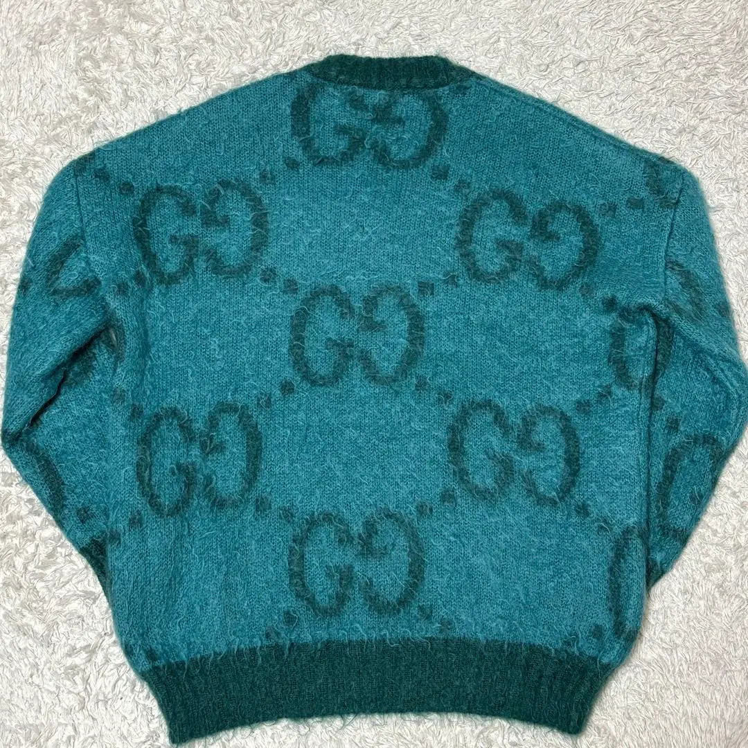 ★Extremadamente raro★ Jersey de punto de mohair GUCCI con cuello en V, fabricado en Italia, estampado GG, verde