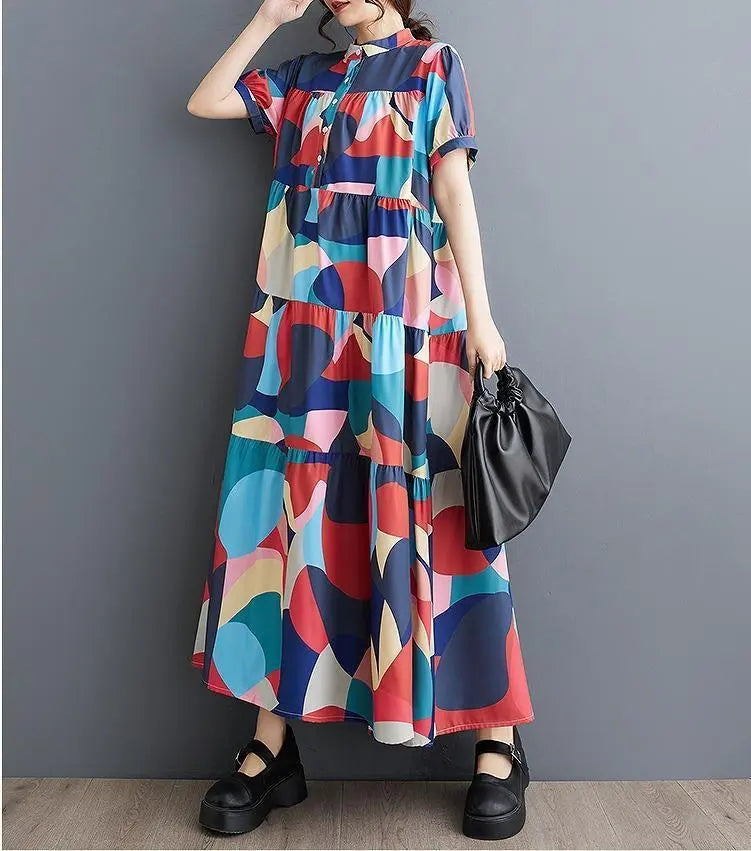 Large size women's long dress, spring/summer, autumn, new, short sleeve shirt