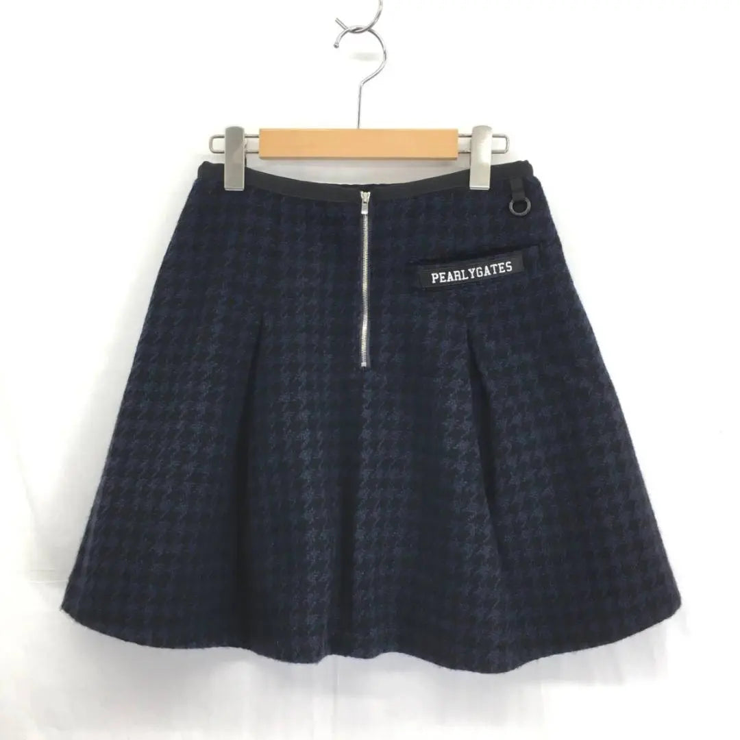 PEARLY GATES: Houndstooth pattern wool pleated skirt ●0 ●Navy