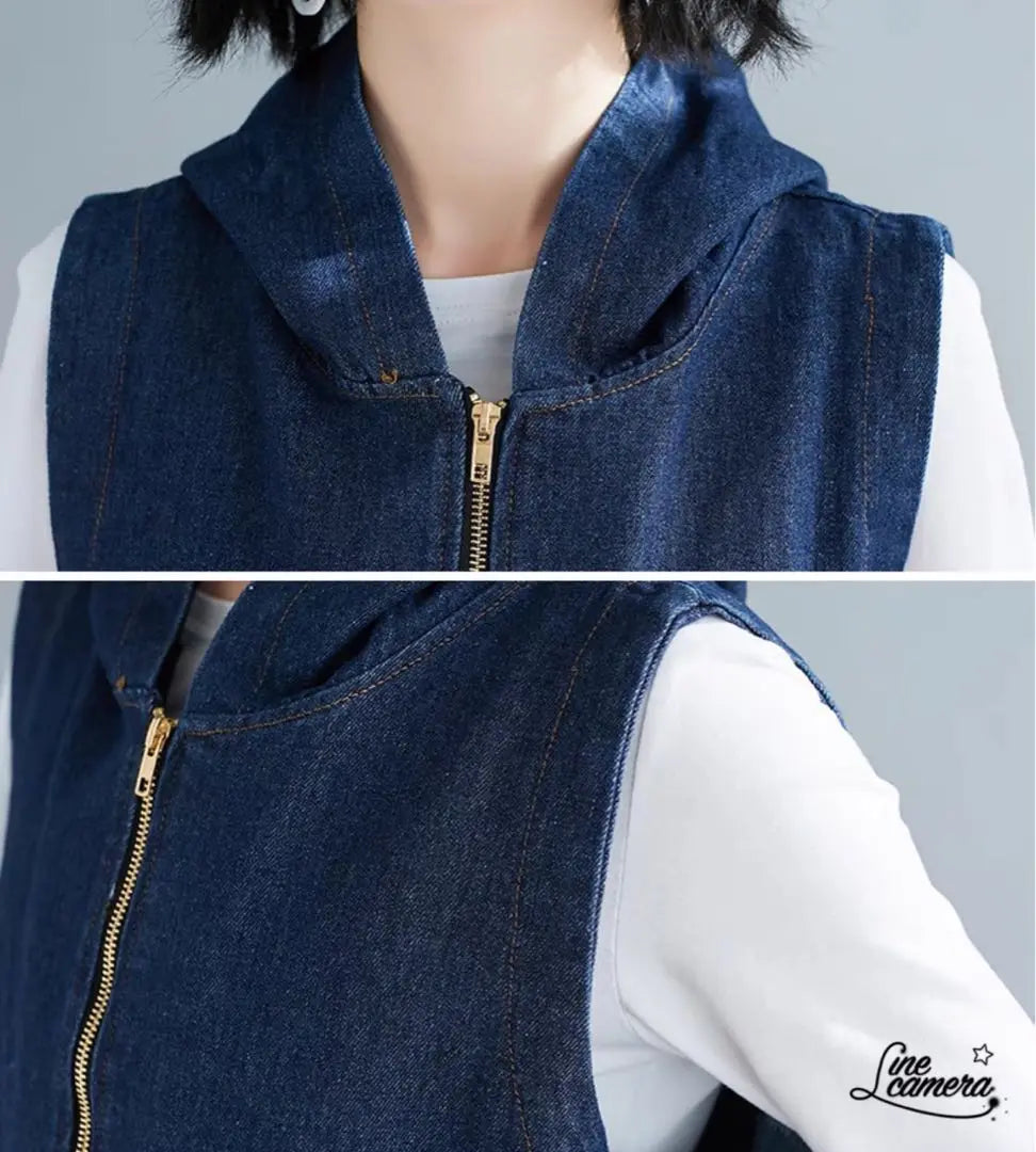 XL [Nuevo] Otoño Primavera Comida Denim Best Wear Lean Layer | XL【新品】秋 春 フード付き デニムベスト 着痩せ レイヤード