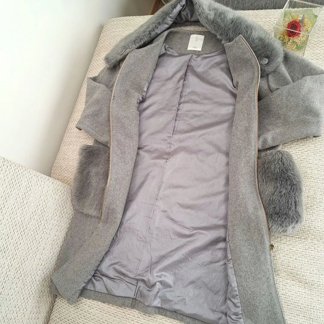 Vis❇273❇Good condition♥Grey fur coat with removable fur outerwear