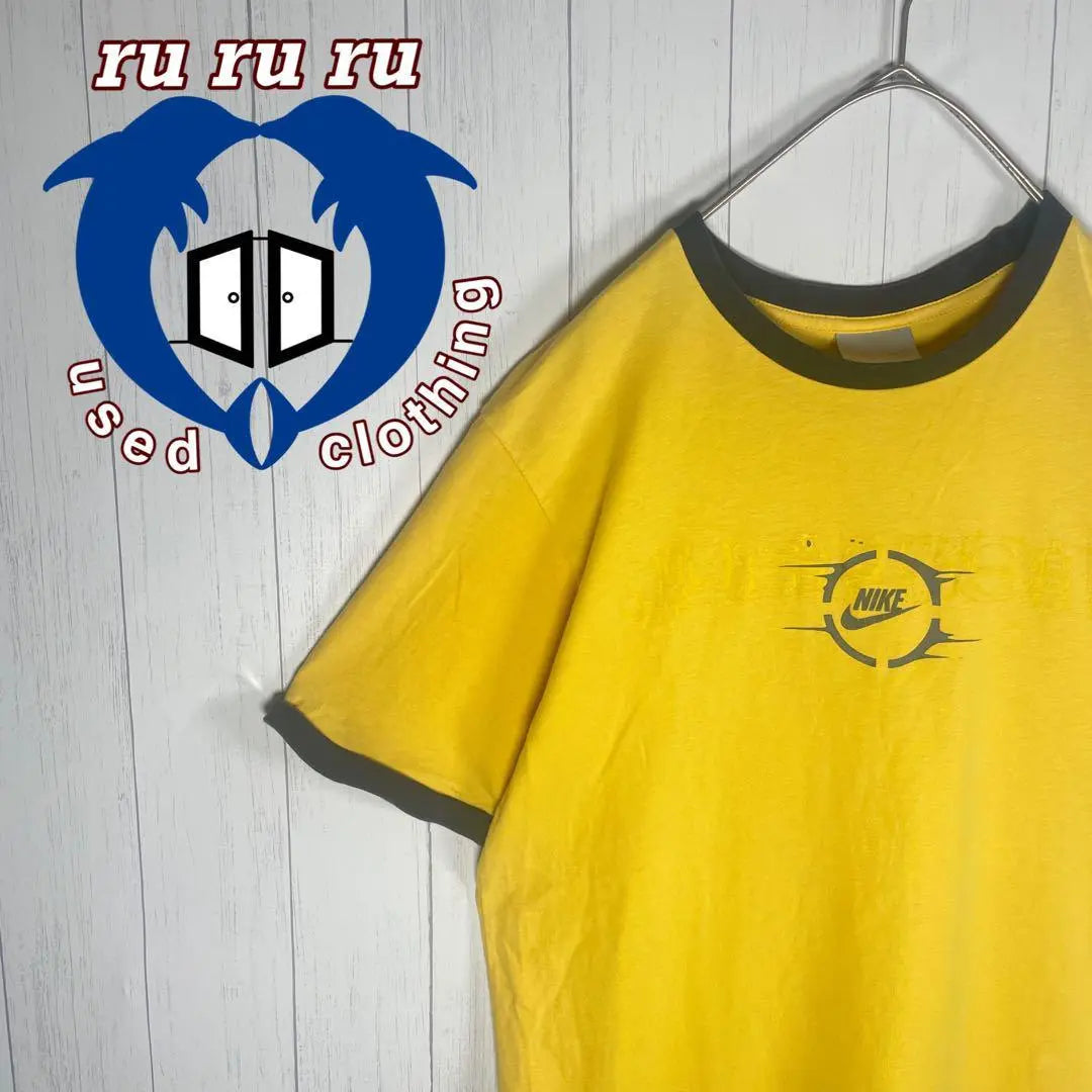 [Ropa vieja] NIKE Camiseta Ringer de manga corta con estampado Dekarogo Yellow Navy | [古着]NIKE 半袖 リンガーTシャツ プリント デカロゴ 黄色 ネイビー