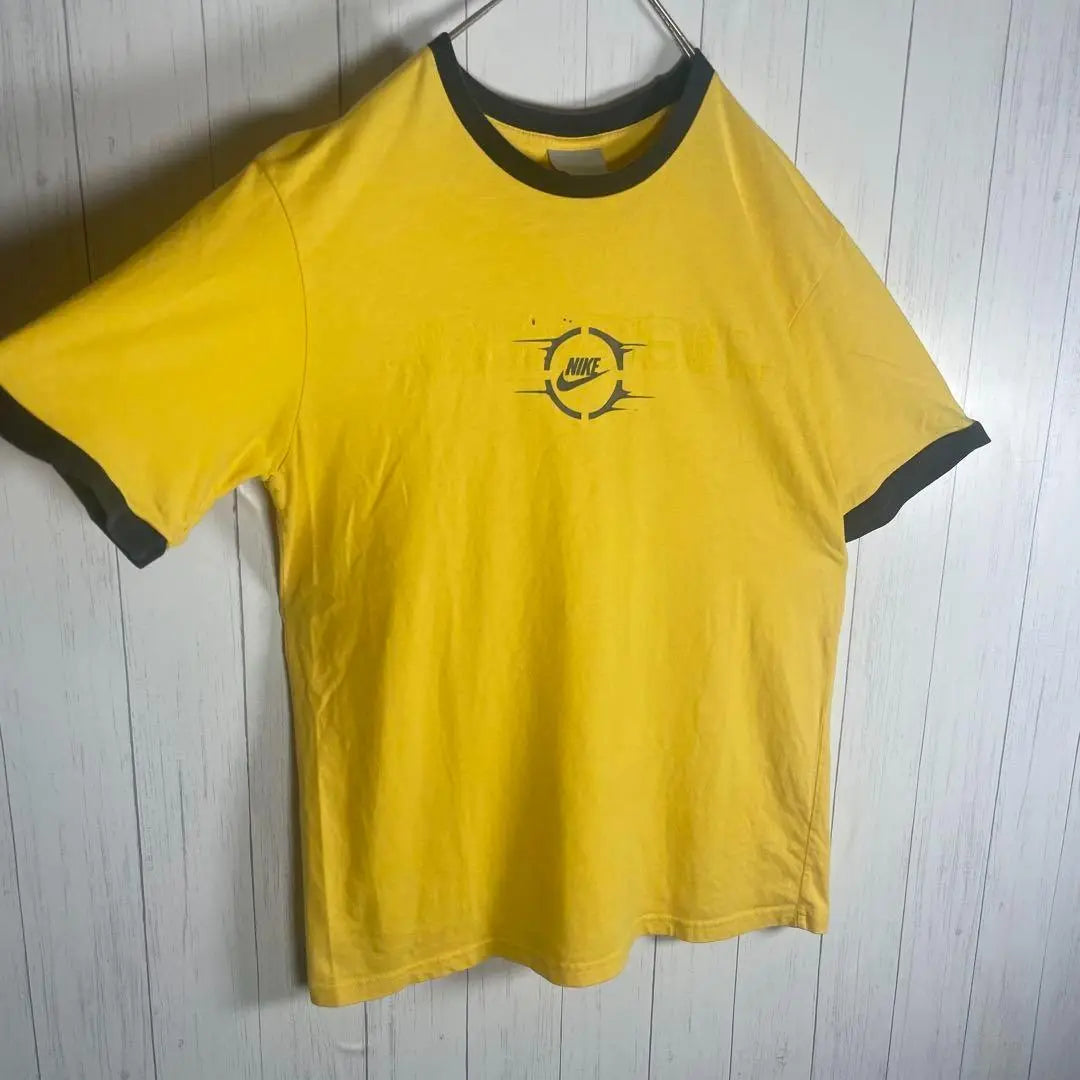 [Ropa vieja] NIKE Camiseta Ringer de manga corta con estampado Dekarogo Yellow Navy | [古着]NIKE 半袖 リンガーTシャツ プリント デカロゴ 黄色 ネイビー