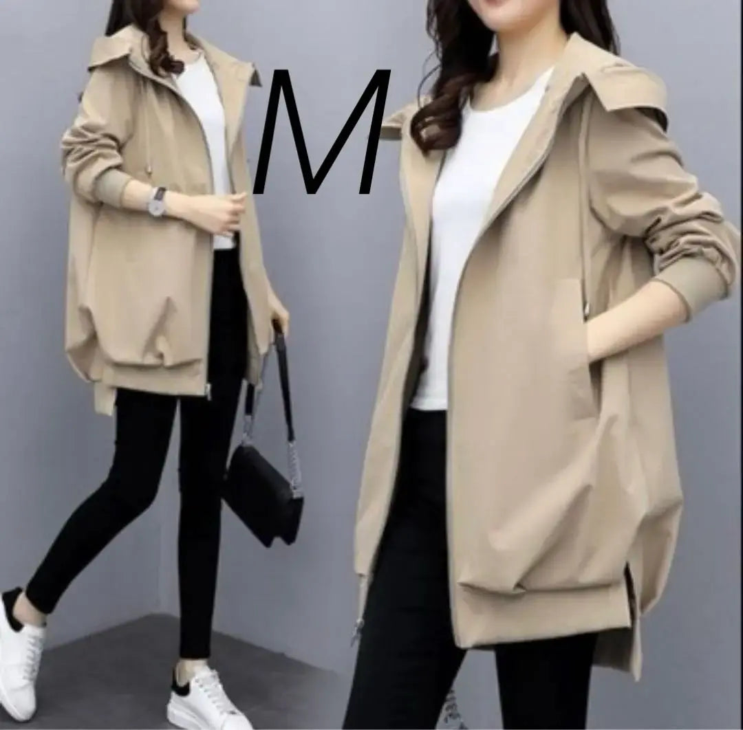 Beige hooded long jacket M mountain parka hidden body