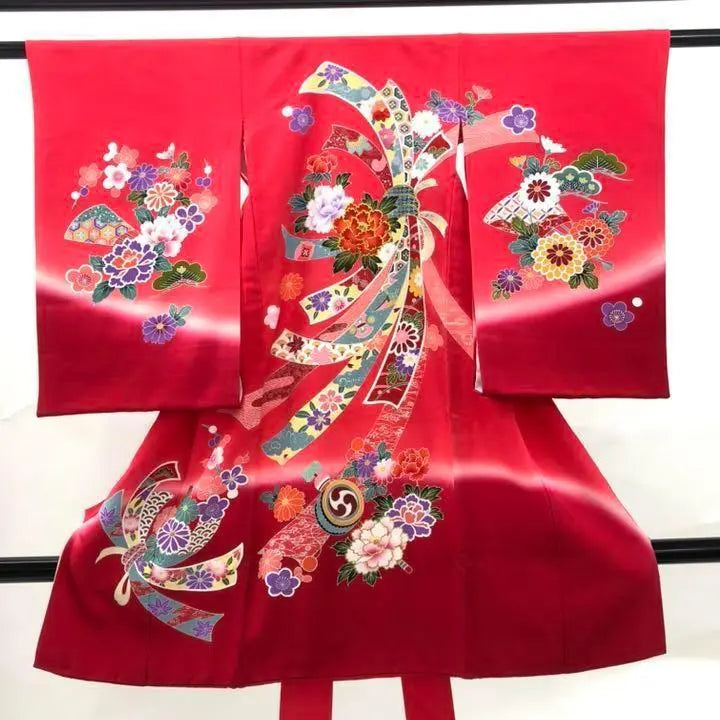 By1873 Pure silk one body red embroidery flower with undergarment | BY1873 正絹 一つ身 赤 刺繍 花 襦袢付 牡丹 豪華 七五三 かけ着