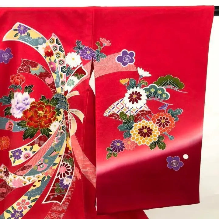 By1873 Body de pura seda con bordado de flores rojas y ropa interior | BY1873 正絹 一つ身 赤 刺繍 花 襦袢付 牡丹 豪華 七五三 かけ着