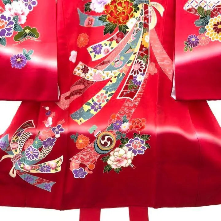 By1873 Body de pura seda con bordado de flores rojas y ropa interior | BY1873 正絹 一つ身 赤 刺繍 花 襦袢付 牡丹 豪華 七五三 かけ着