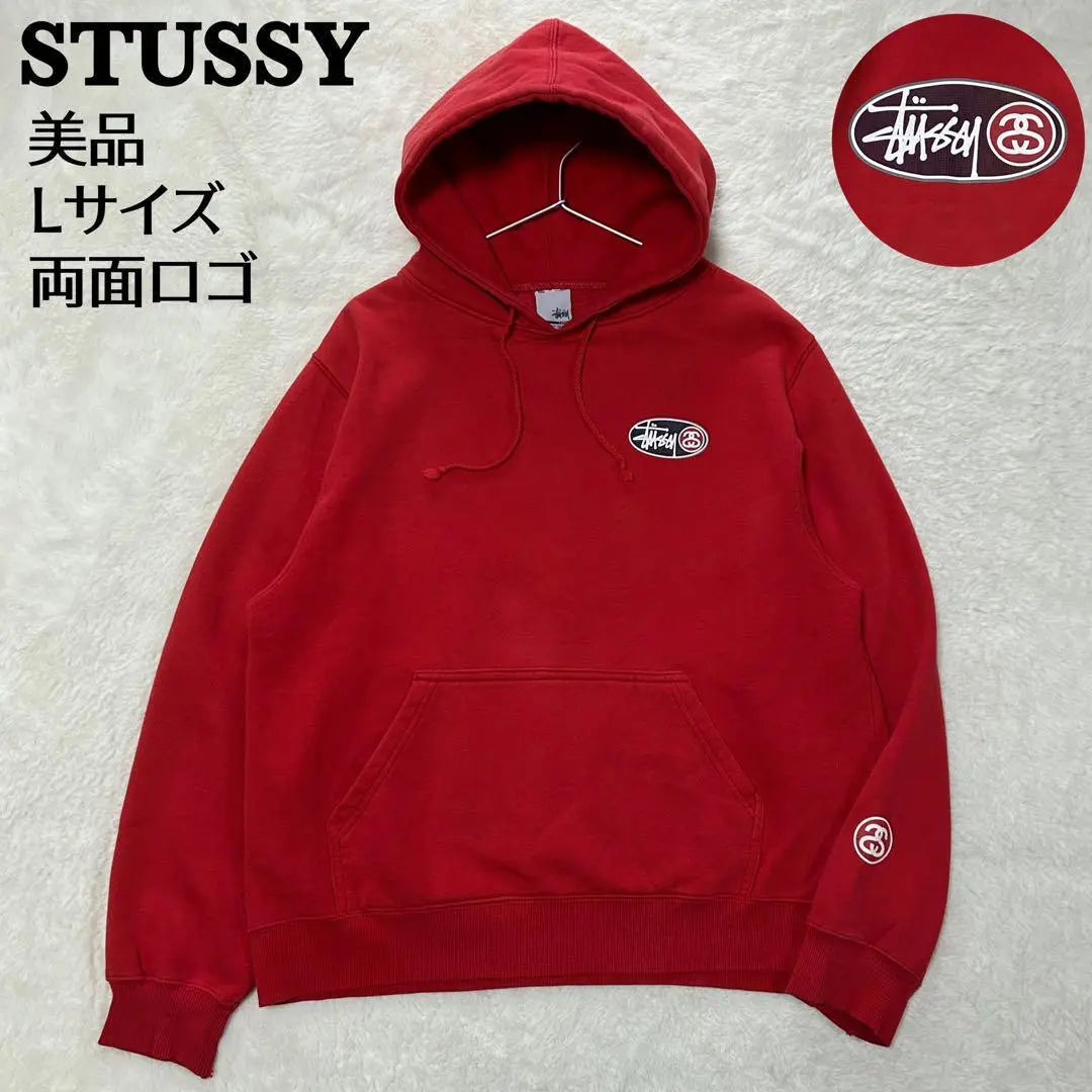 [Good condition] Stussy hoodie rubber print link logo double sided red L silver tag