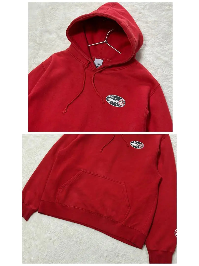 [Good condition] Stussy hoodie rubber print link logo double sided red L silver tag