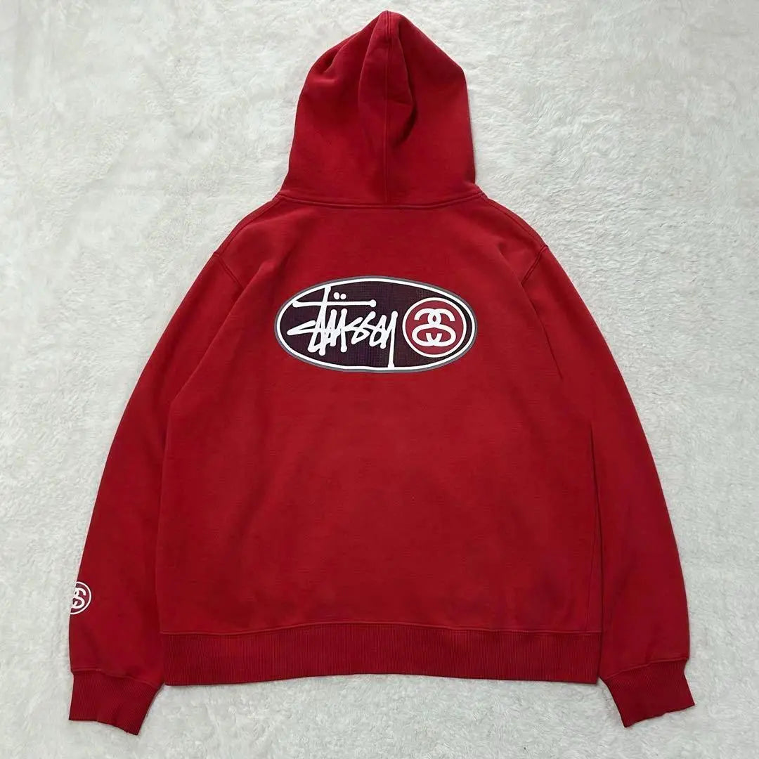 [Good condition] Stussy hoodie rubber print link logo double sided red L silver tag