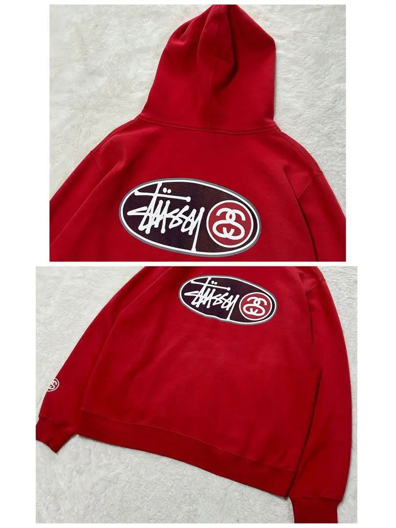 [Good condition] Stussy hoodie rubber print link logo double sided red L silver tag