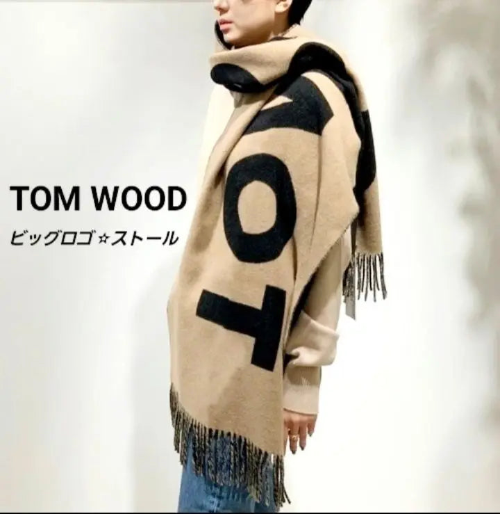 Limited Sold Out★Tom Wood Big Logo Fringe Large Scarf Stole Hard to Obtain