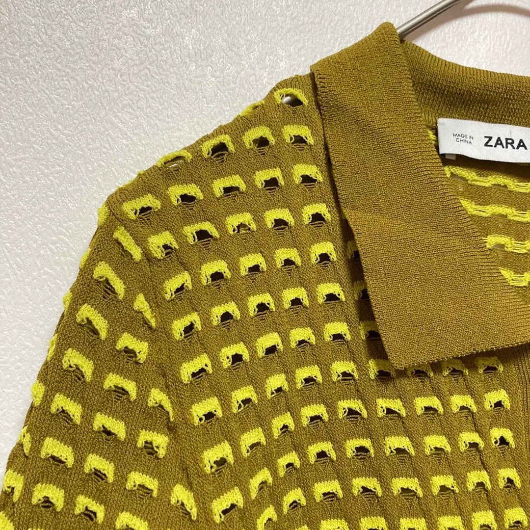 Zara Polo Knit [S] Estampado integral, amarillo mostaza, cuello cuadrado, estiloso