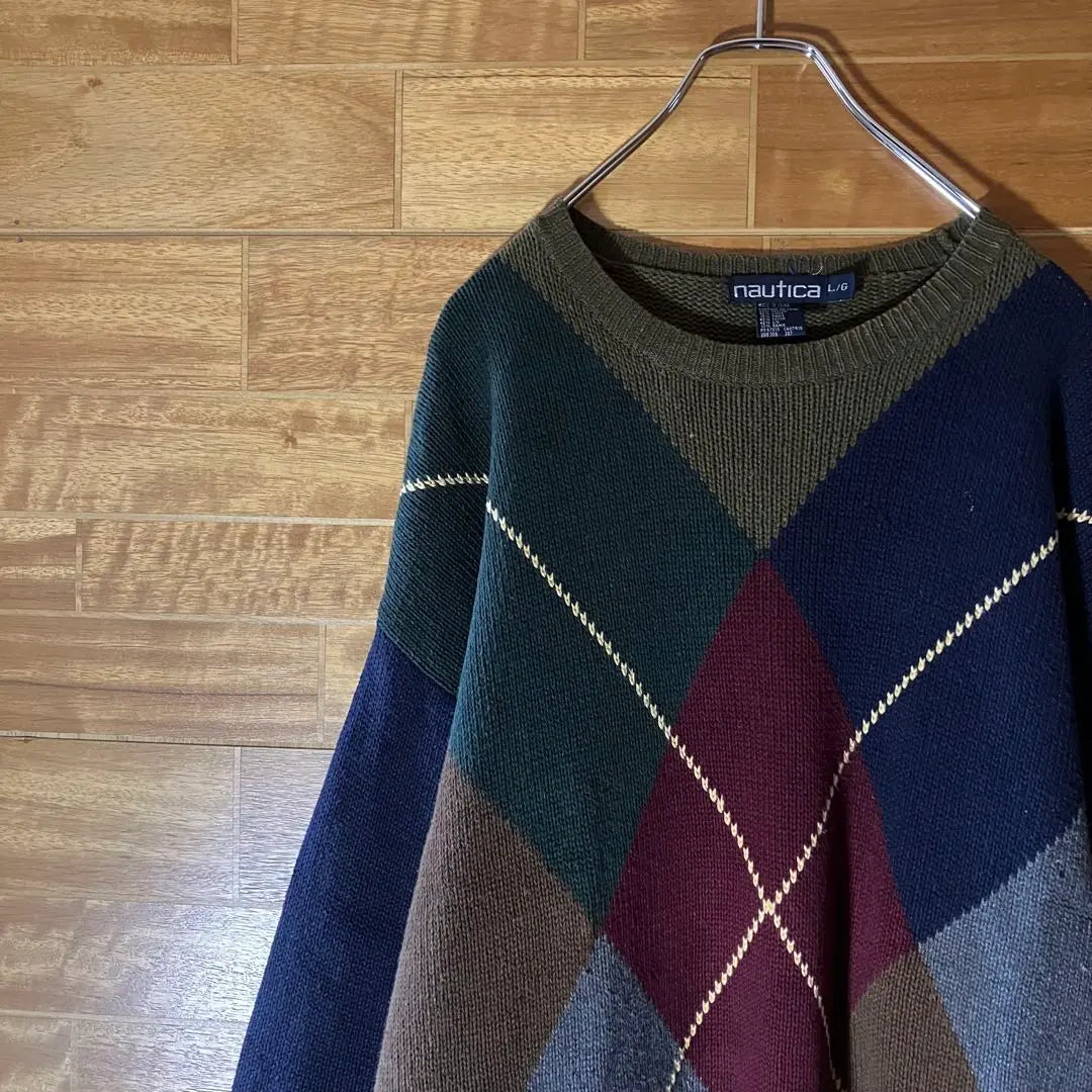 Nautica Argyle Knit Sweater Multicolor Different Materials Switching L to XL