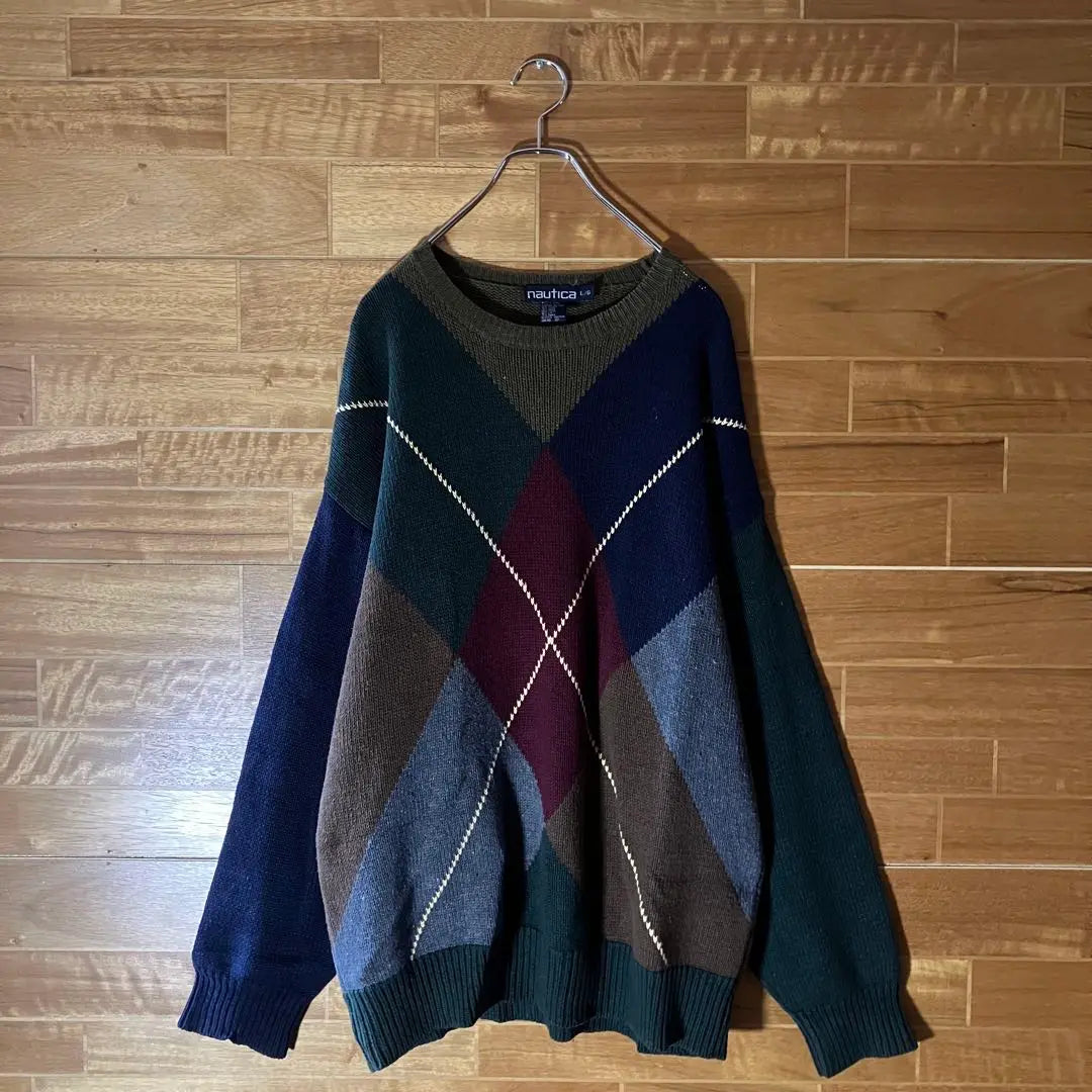 Nautica Argyle Knit Sweater Multicolor Different Materials Switching L to XL