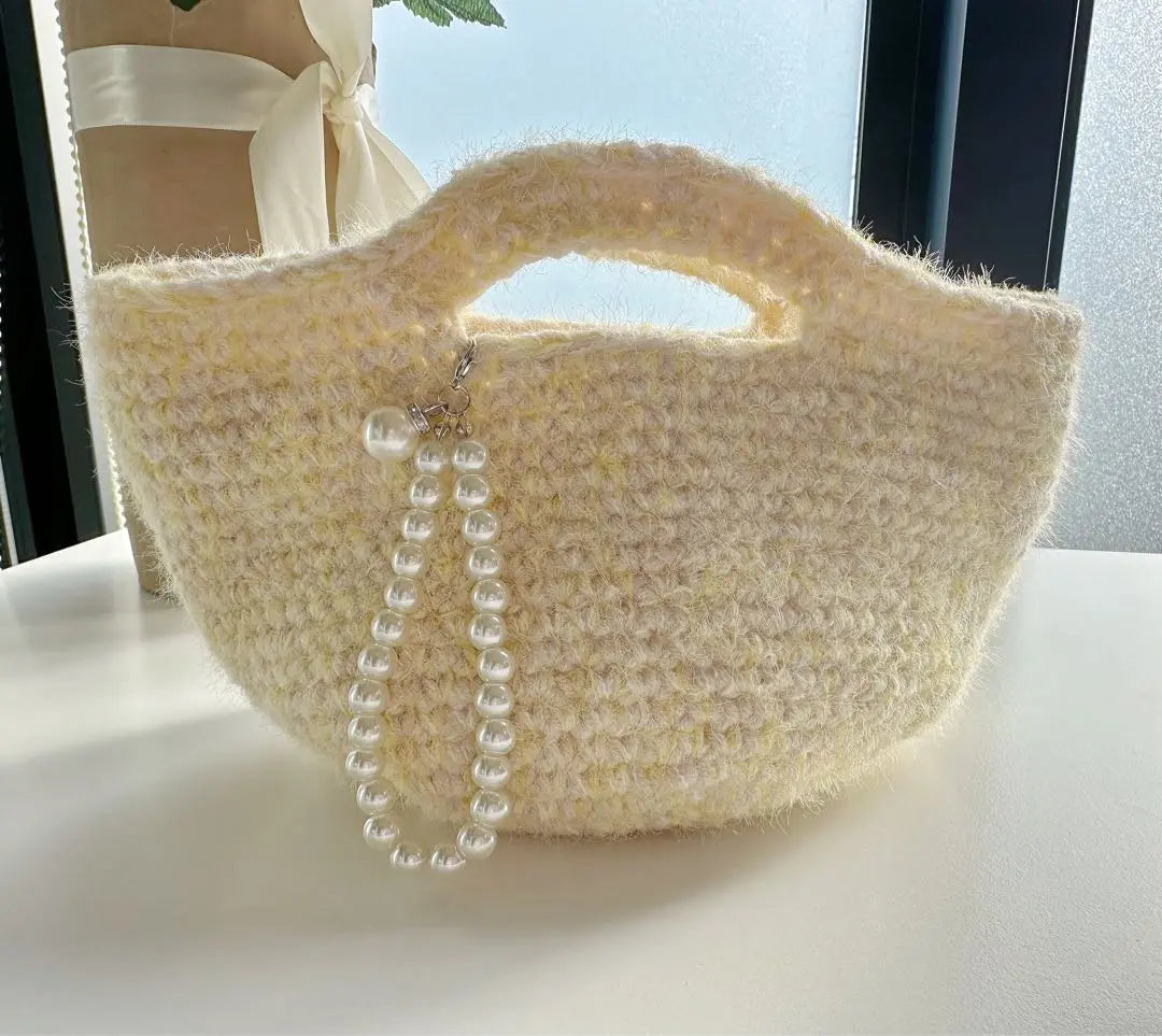 Cute hand knitted handmade crochet knit pearl bag