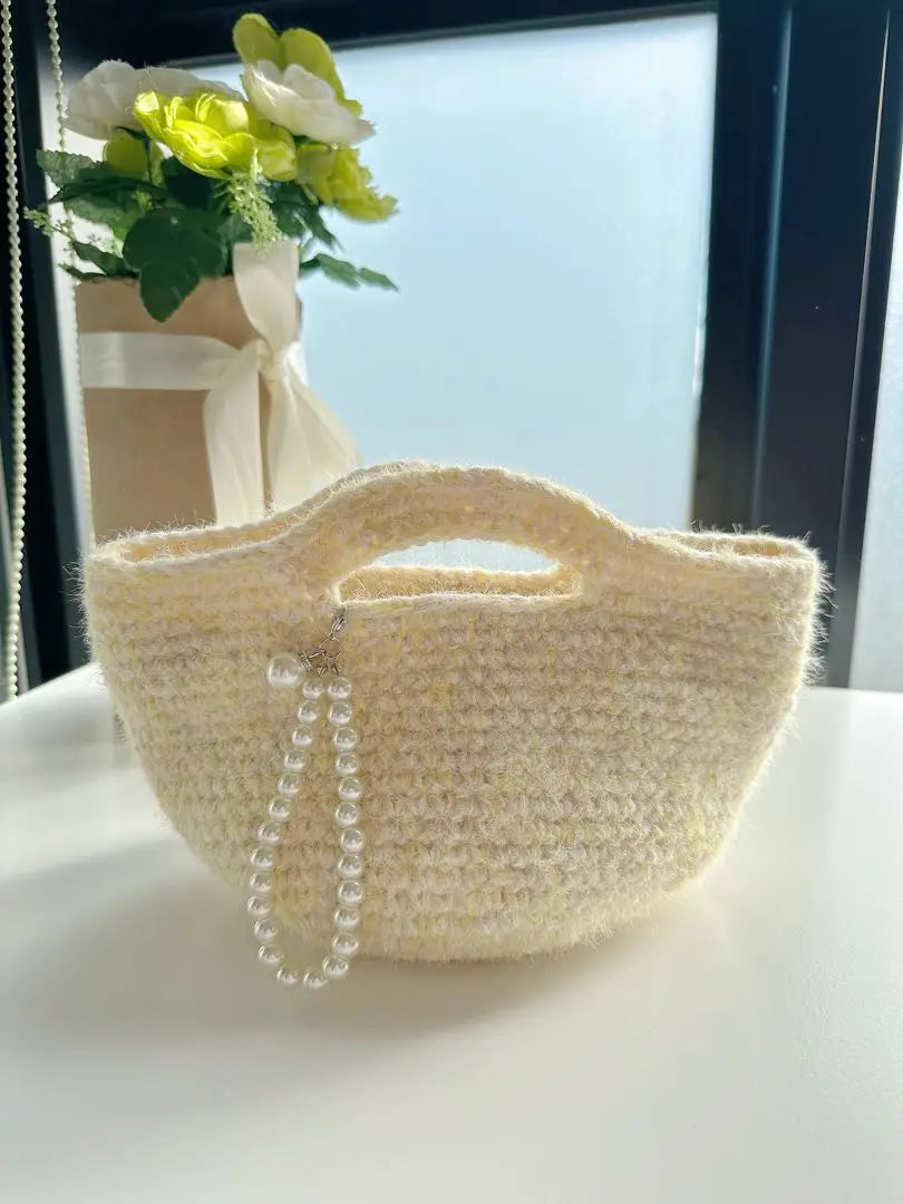 Cute hand knitted handmade crochet knit pearl bag