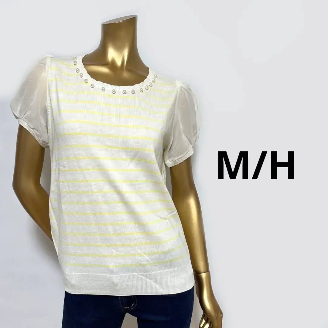 [3203] Border Knit Tops L with M/H Pearl