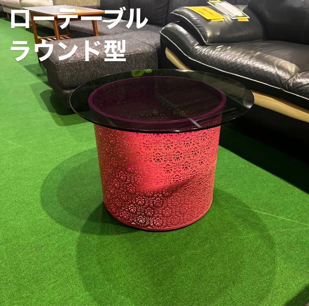 Rotable round type pink watermark pattern glass furniture A119 | ローテーブル ラウンド型 ピンク 透かし柄 ガラス 家具 A119