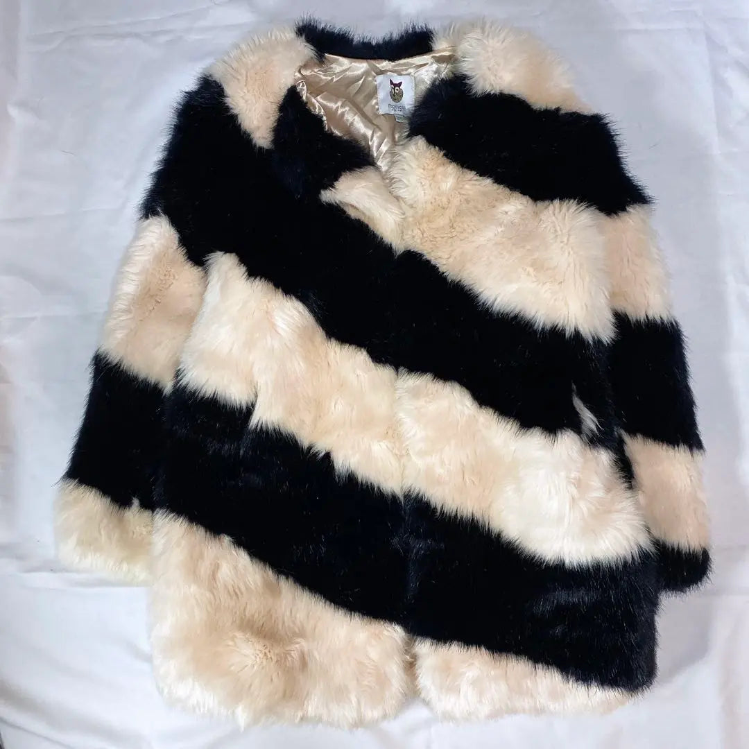 Moriori Eco Fur Design No Collar Coat Stripe M Pink Black