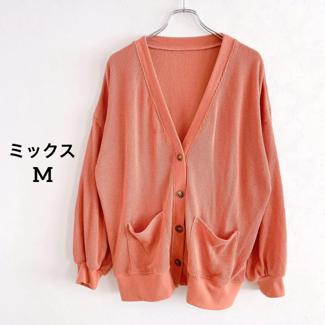 Thermal cardigan V-neck M Loose ladies Orange Waffle