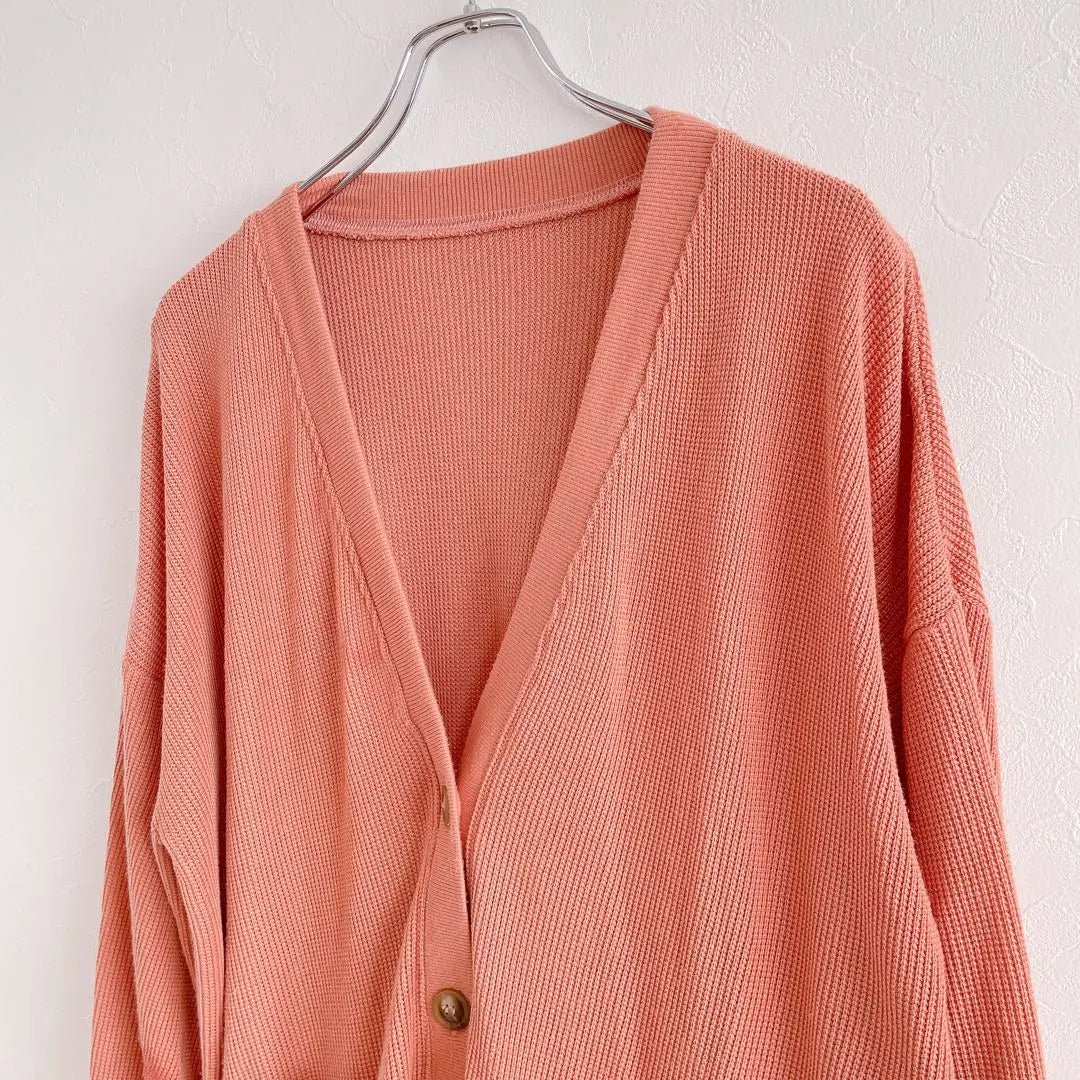 Thermal cardigan V-neck M Loose ladies Orange Waffle