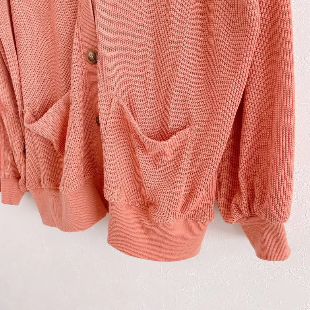 Thermal cardigan V-neck M Loose ladies Orange Waffle