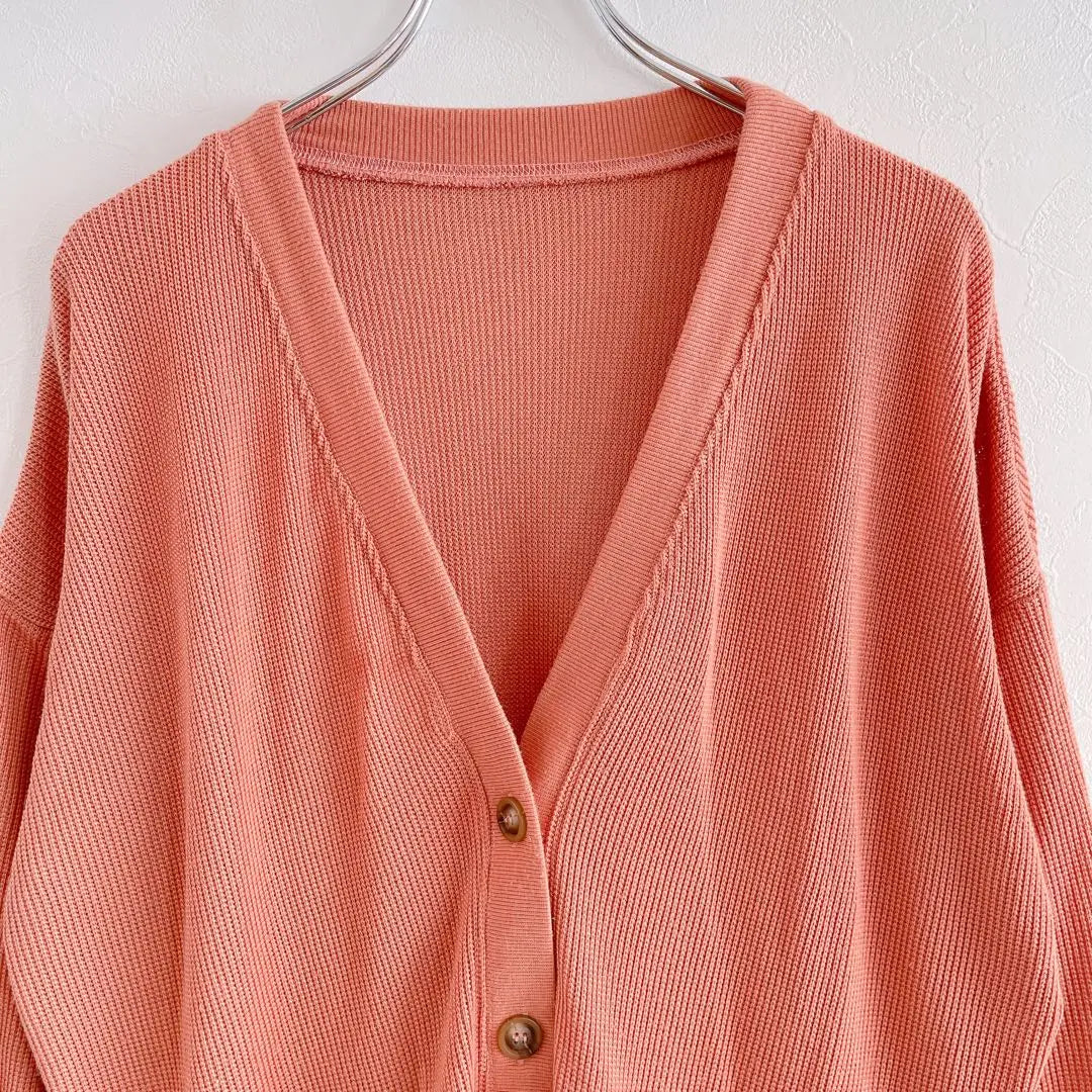 Thermal cardigan V-neck M Loose ladies Orange Waffle