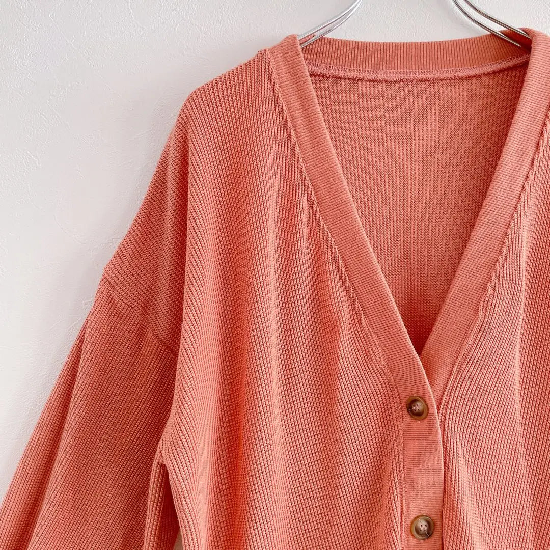 Thermal cardigan V-neck M Loose ladies Orange Waffle