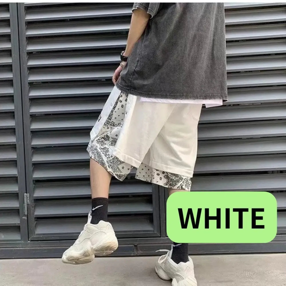 [Very popular] Paisley pattern loose slit XL men's shorts white