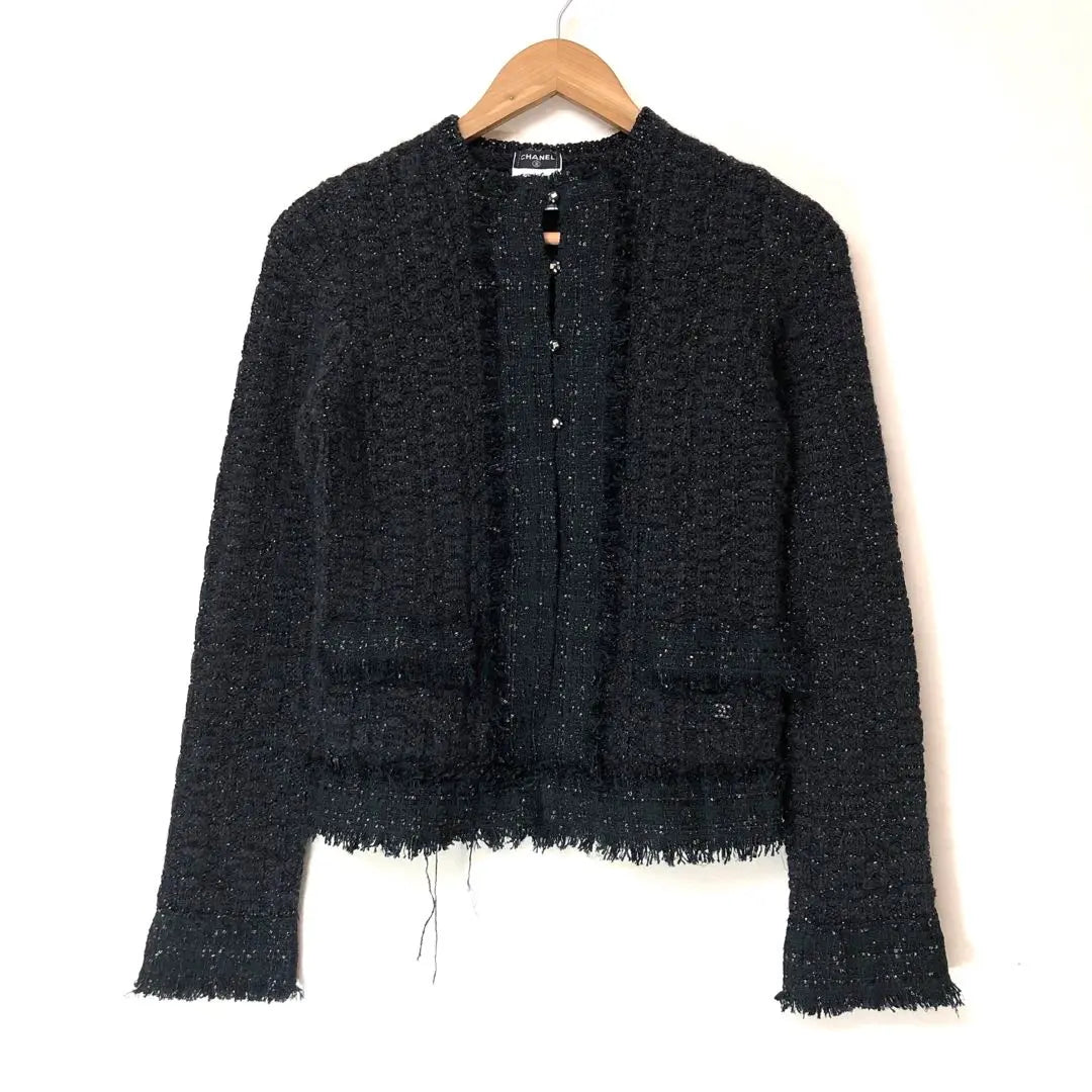 CHANEL No-collar tweed knit jacket Coco mark