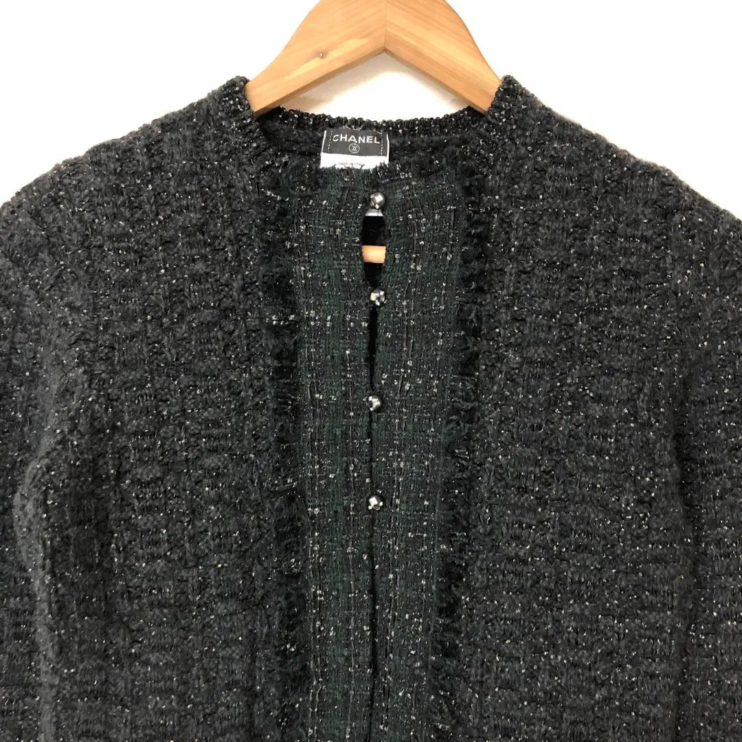 CHANEL No-collar tweed knit jacket Coco mark