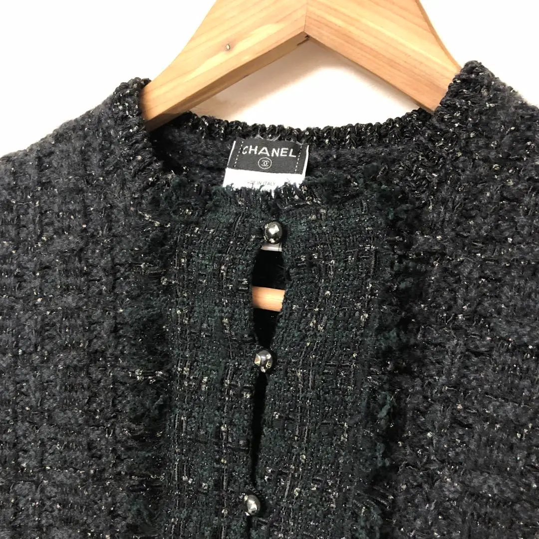 CHANEL No-collar tweed knit jacket Coco mark