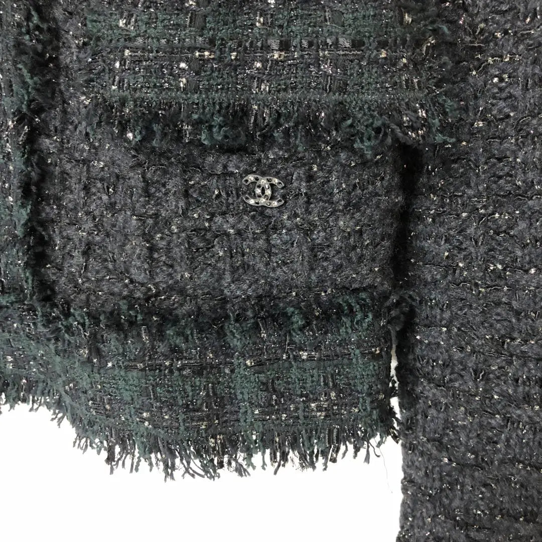 CHANEL No-collar tweed knit jacket Coco mark