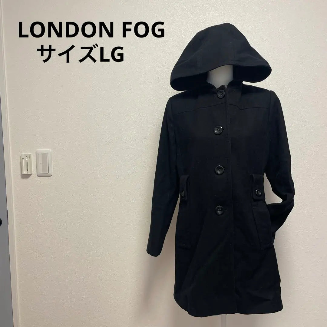 LONDON FOG Size LG Hooded Wool Coat Black