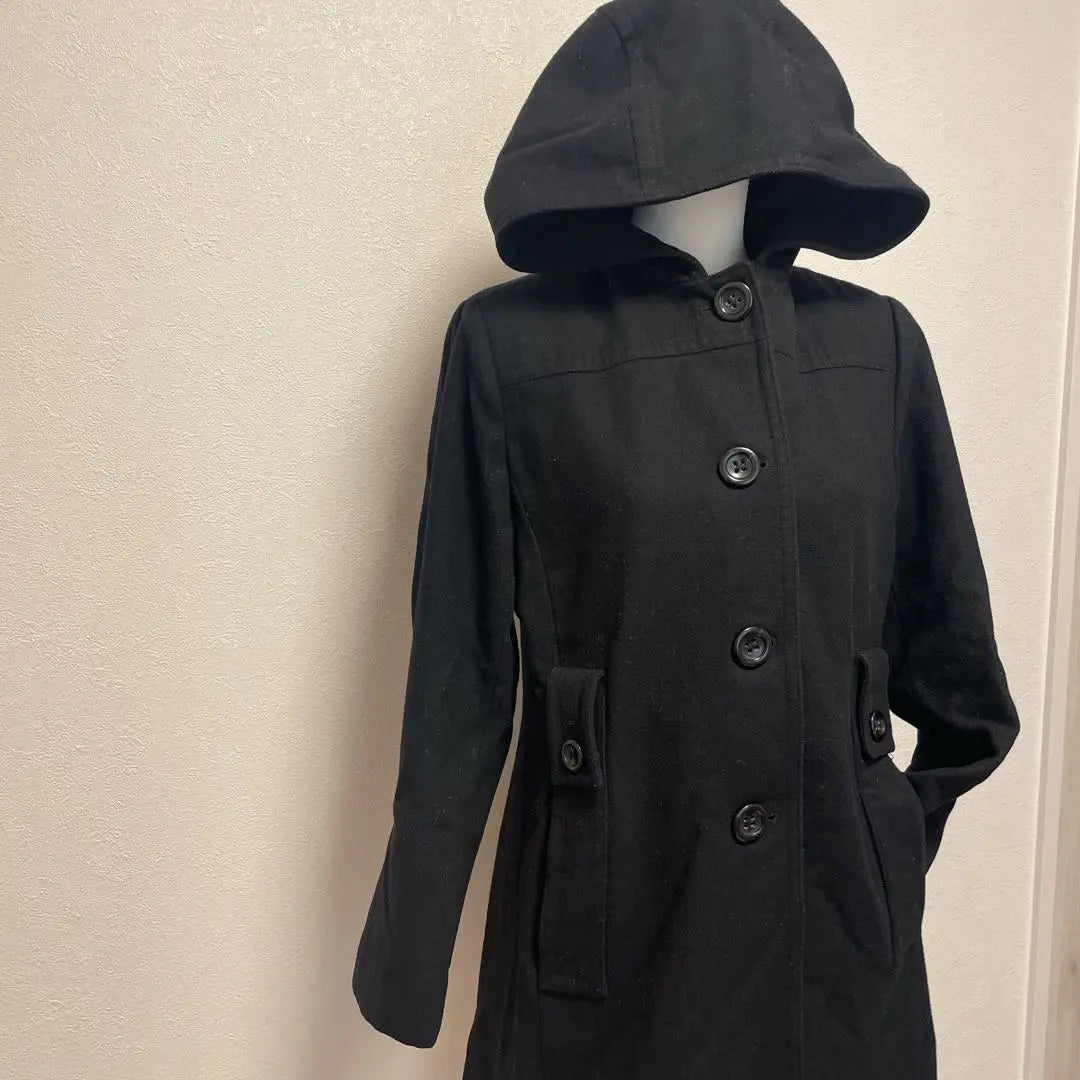 LONDON FOG Size LG Hooded Wool Coat Black