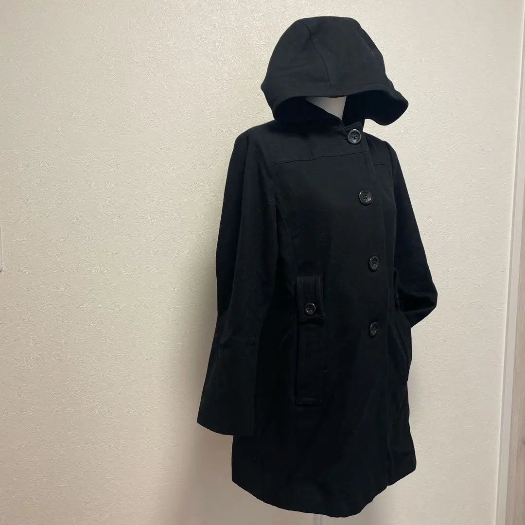 LONDON FOG Size LG Hooded Wool Coat Black