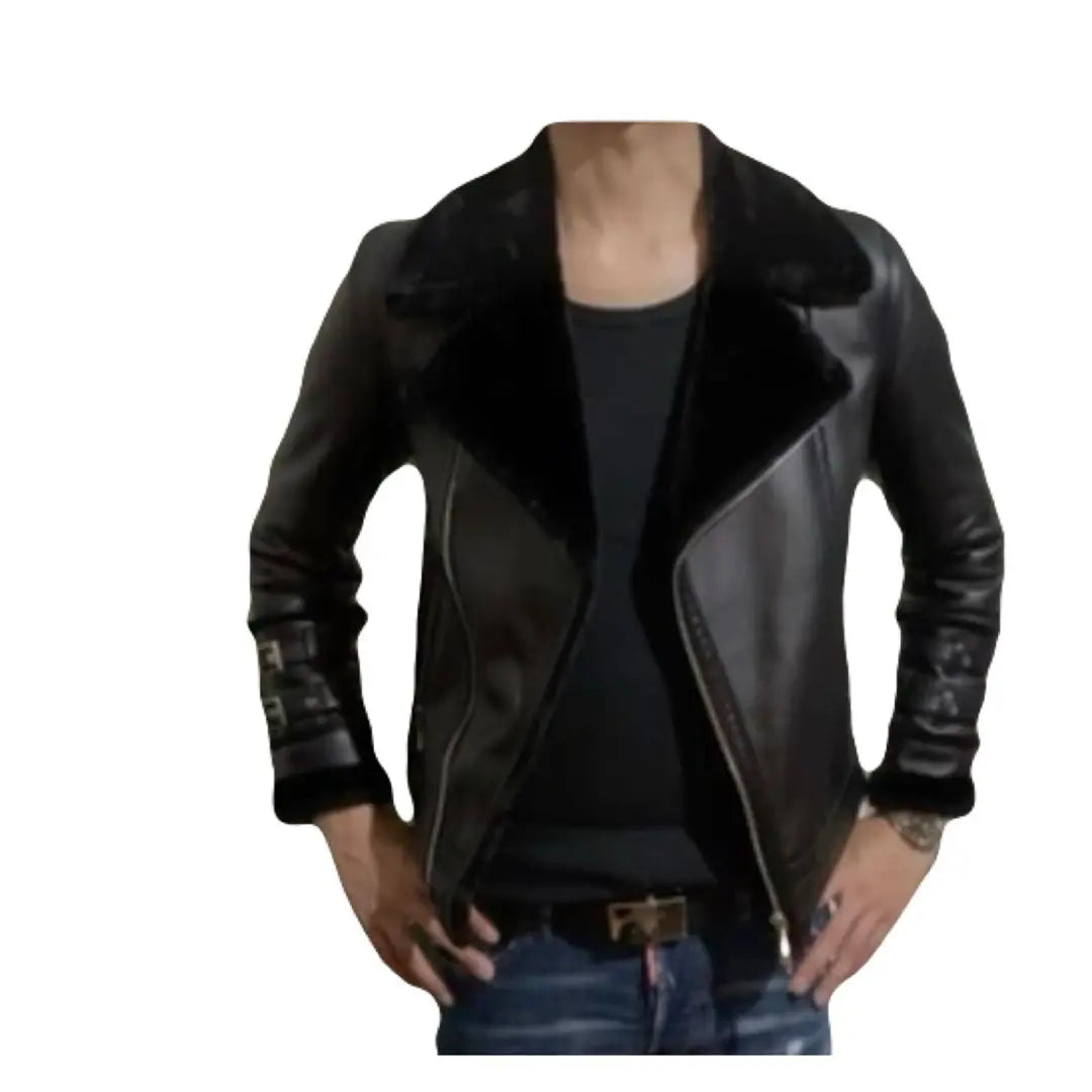 Men's fur coat back warm leather jacket with wrist belt black sheepskin v-type V