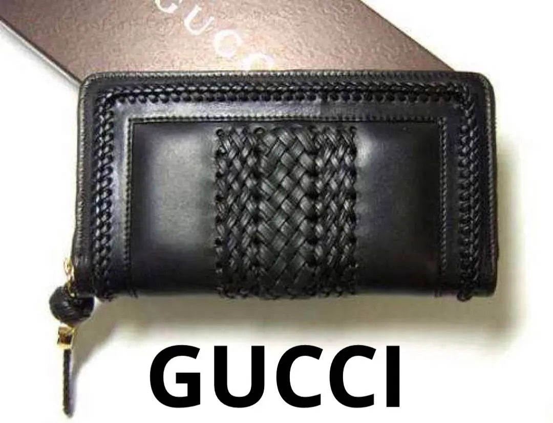 ✨GUCCI✨Handmade Woven Web Round Zipper Long Wallet (Black)