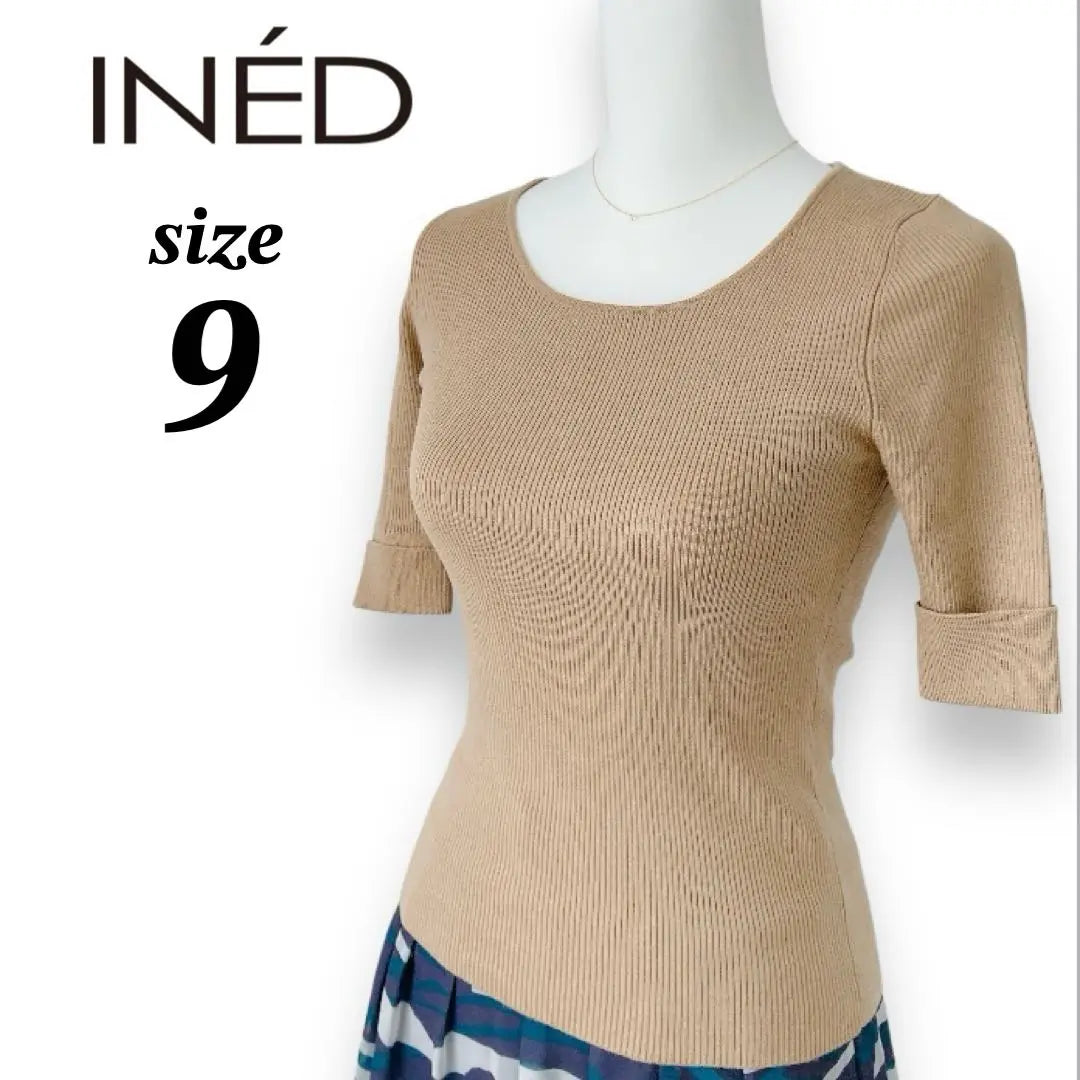 [Ined] Ladies Short Sleeve Rib Knit Tops Turn Retrin Sleeve Top Sleeve