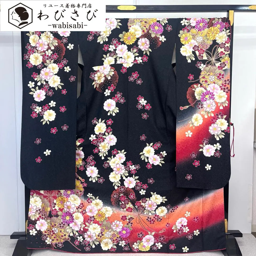 Furisode, hermoso patrón floral, halo, hilo plateado, negro, tamaño alto, procesamiento de protección, K-4160