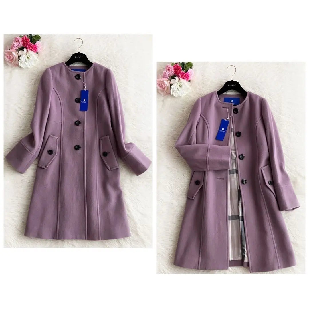 [Unused] Blue Label No Color Wool Coat Check Purple 38 | 【未使用】ブルーレーベル ノーカラー ウール コート チェック パープル 38