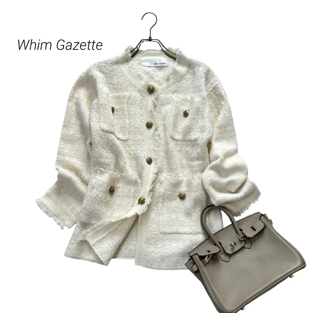 Precio 35,000 WHIM GAZETTE Chaqueta de tweed mixta Mohear trasero de oro blanco | 定価3.5万 Whim Gazette モヘヤ混 ツイードジャケット 白 金釦