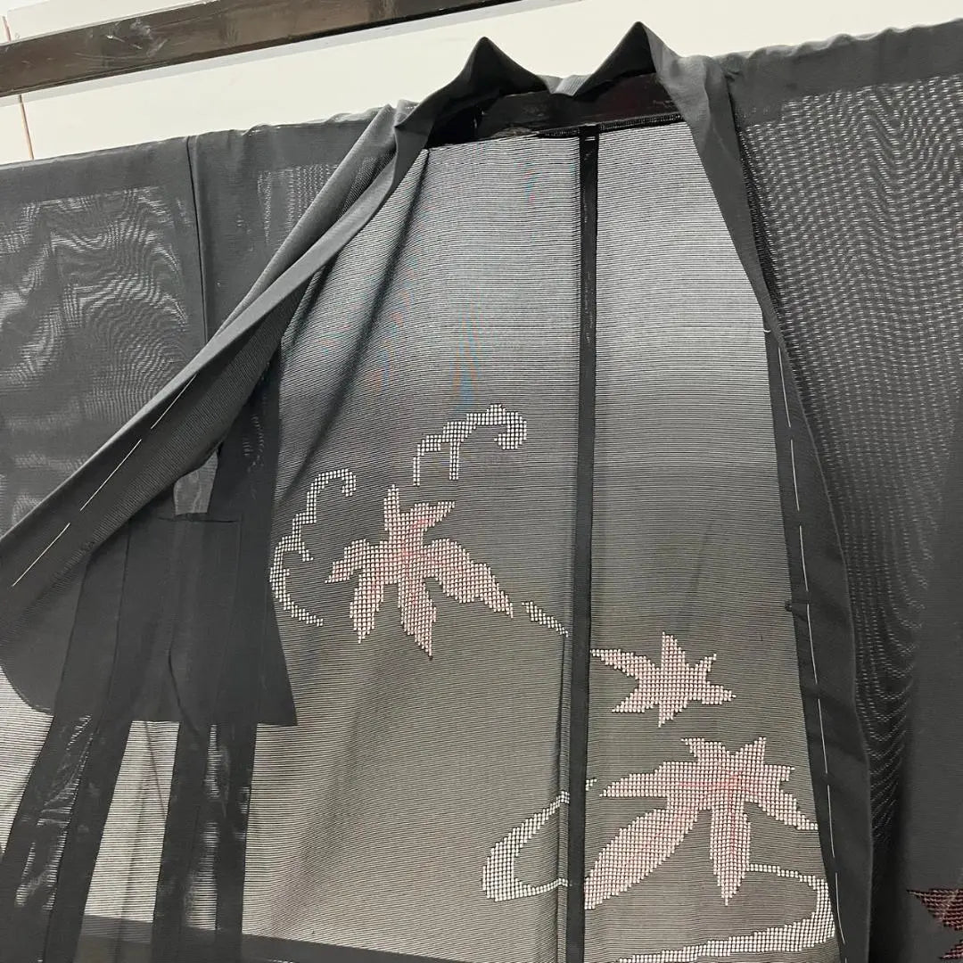 Black Haori Summer Kimono Romon Work Discipline Autumn Leaves Pattern Pure Silk IS915☆