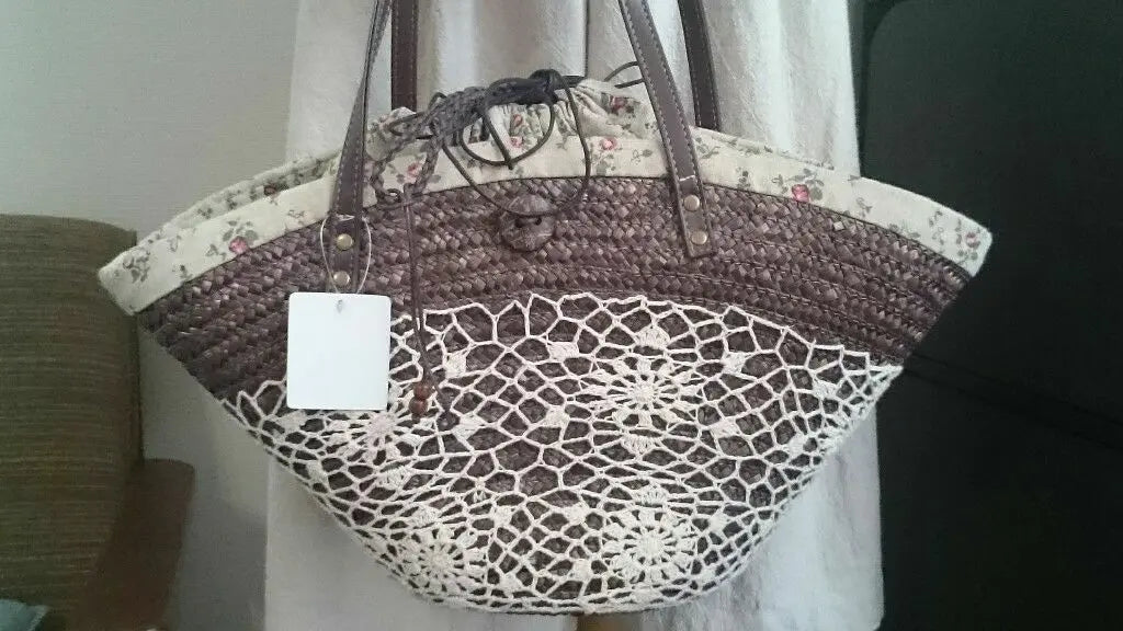 Lace & floral linen drawstring bag bag