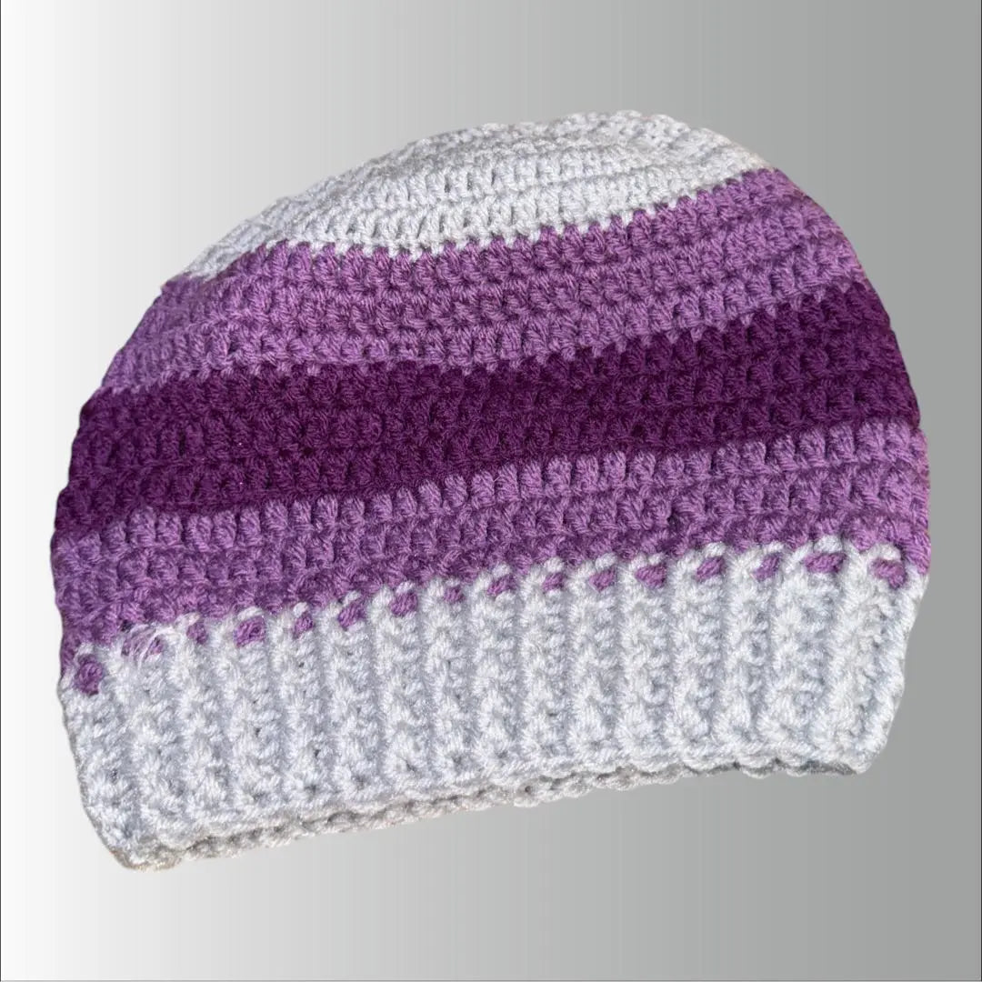 Gorro de punto hecho a mano con gradación morada y blanca | ハンドメイド ニット帽 紫と白のグラデーション